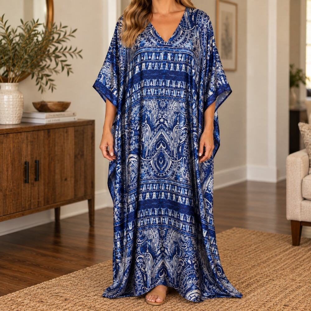 Vintage Winlar Satin Kaftan Kimono Mumu Lounge Dress One Size Blue Geometric